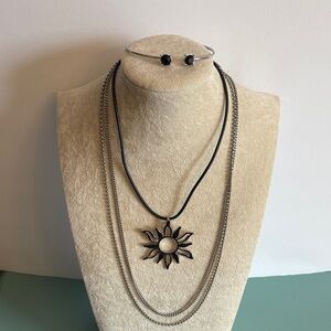 Silver Sun Pendant Necklace Set Layered Chains + Bracelet Boho Bundle